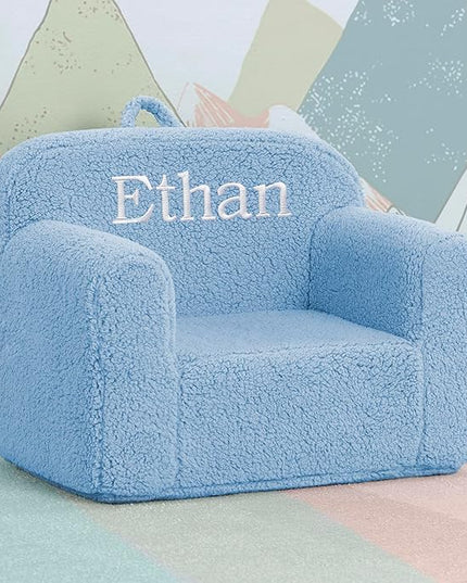 Delta Children Personalized Sherpa Cozee Chair - Customize with Name – Foam Kids Chair for Ages 18 Months and Up, Powder Blue - LeafyLoom