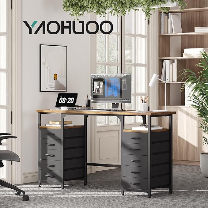 Desk with 10 Fabric Drawers Classified Organizer - 55"/140 Office Desks with Ample Storage, Computer Work Desk Study Writing Table Workstation for Home Office Space Deep Black - LeafyLoom