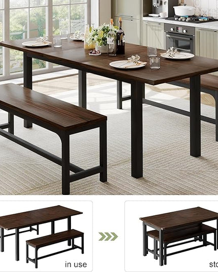 Feonase 63" Extendable Dining Room Table Set for 4, Modern Dining Table with 2 Benches, 3 Pcs Kitchen Table for Small Space, Easy Clean, Espresso - LeafyLoom