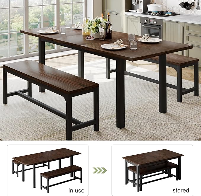 Feonase 63" Extendable Dining Room Table Set for 4, Modern Dining Table with 2 Benches, 3 Pcs Kitchen Table for Small Space, Easy Clean, Espresso - LeafyLoom
