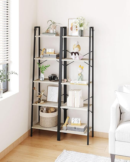 Ladder Shelf, Bookshelf Bookcase, Freestanding Corner Storage Shelve with 2 Hooks for Home Office, Living Room, Kitchen, Bedroom, Industrial, 5-Tier Greige BC19205B - LeafyLoom