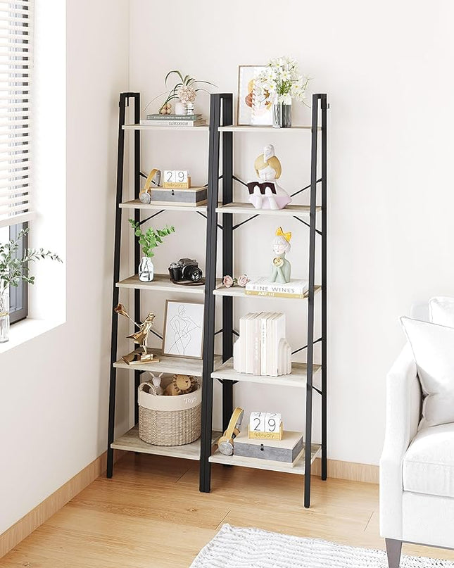Ladder Shelf, Bookshelf Bookcase, Freestanding Corner Storage Shelve with 2 Hooks for Home Office, Living Room, Kitchen, Bedroom, Industrial, 5-Tier Greige BC19205B - LeafyLoom