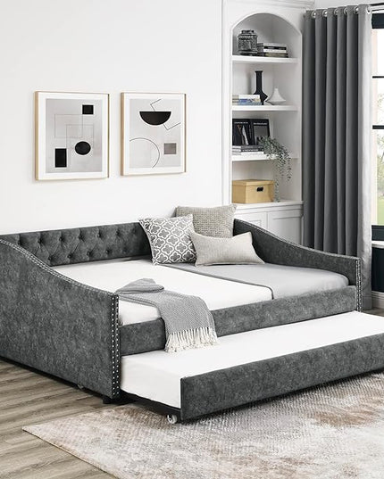Full Size Upholstered Daybed with Twin Size Trundle, Tufted Full Day Bed w/Button Back and Waved Shape Copper Nail Arms, No Spring Box Needed, Easy Assemble, for Living Room - LeafyLoom