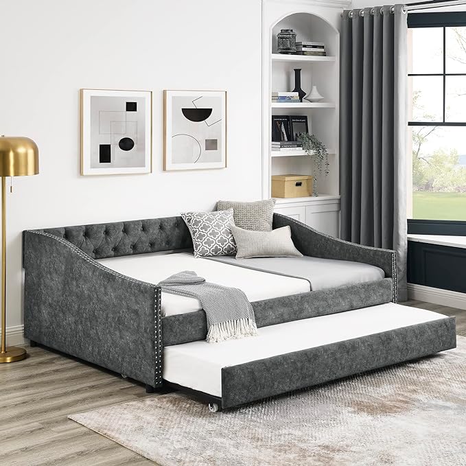 Full Size Upholstered Daybed with Twin Size Trundle,Button Tufted Sofa Bed with Nailhead Trim for Bedroom,Livingroom,Guest Room,Grey(80.5"x55.5"x27.5") - LeafyLoom
