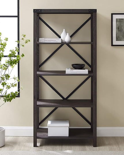 Walker Edison Andersen Urban Industrial Metal X-Back Bookshelf, 64 Inch, Sable Grey - LeafyLoom