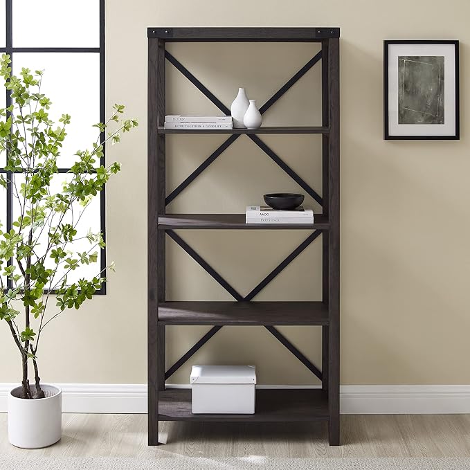 Walker Edison Andersen Urban Industrial Metal X-Back Bookshelf, 64 Inch, Sable Grey - LeafyLoom