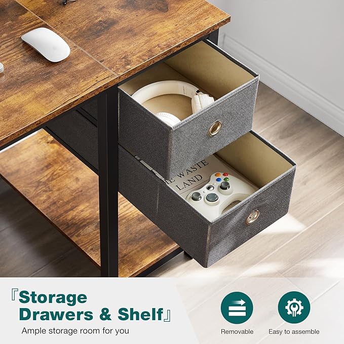 SMUG Computer Desk with Storage Drawers, 47 Inch Small Office Desk Modern Simple Workstation Study Writing Table for Home Bedroom, Rustic Brown - LeafyLoom