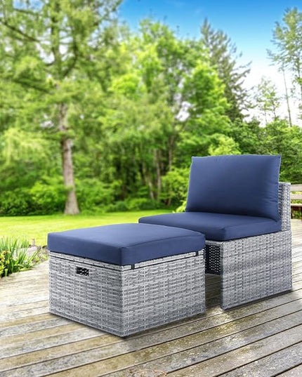 BACKYARD EXPRESSIONS PATIO · HOME · GARDEN w Backyard Expressions 2 Pc. Outdoor Conversation Chair Set with Storage and Ottoman, 250lb Weight Capacity, Navy Blue/Grey Wicker - LeafyLoom