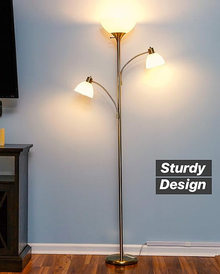 Brightech Sky Dome Double LED Floor lamp, Torchiere Super Bright Floor Lamp with 2 Reading Lamps for Living Rooms & Offices - Dimmable Tall Standing Lamp for Bedroom Reading - Tall Brass Pole - LeafyLoom