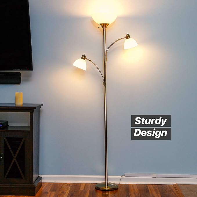 Brightech Sky Dome Double LED Floor lamp, Torchiere Super Bright Floor Lamp with 2 Reading Lamps for Living Rooms & Offices - Dimmable Tall Standing Lamp for Bedroom Reading - Tall Brass Pole - LeafyLoom