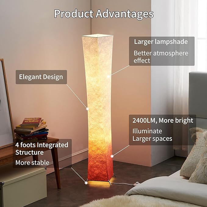 chiphy Floor Lamp, Dimmable 52" (S) Tall Standing Lamp, 3 Levels Adjustable Brightness LED Bulbs, Column Floor Light, Red Gradient Fabric Lampshade, Home Decor for Living Room, Bedroom, Kids Room - LeafyLoom