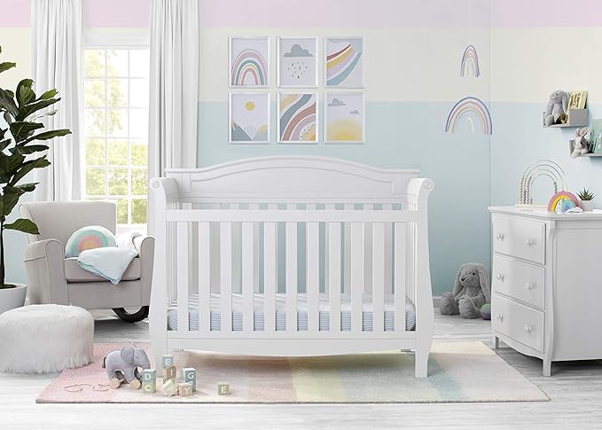 Delta Children Lancaster 4-in-1 Convertible Baby Crib, Bianca White + Serta Perfect Slumber Dual Sided Recycled Fiber Core Crib and Toddler Mattress (Bundle) - LeafyLoom