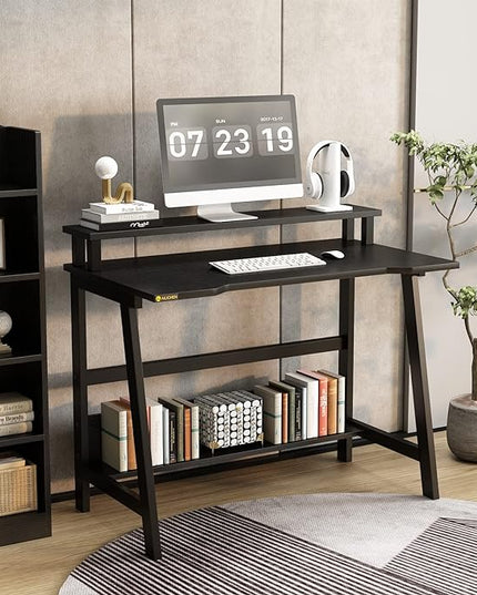 Computer Home Office Desk, 31.5" Desk for Small Spaces with Storage Shelf,Small Computer Desk with Monitor and Bookshelf, Modern Simple Style Laptop Desk - LeafyLoom
