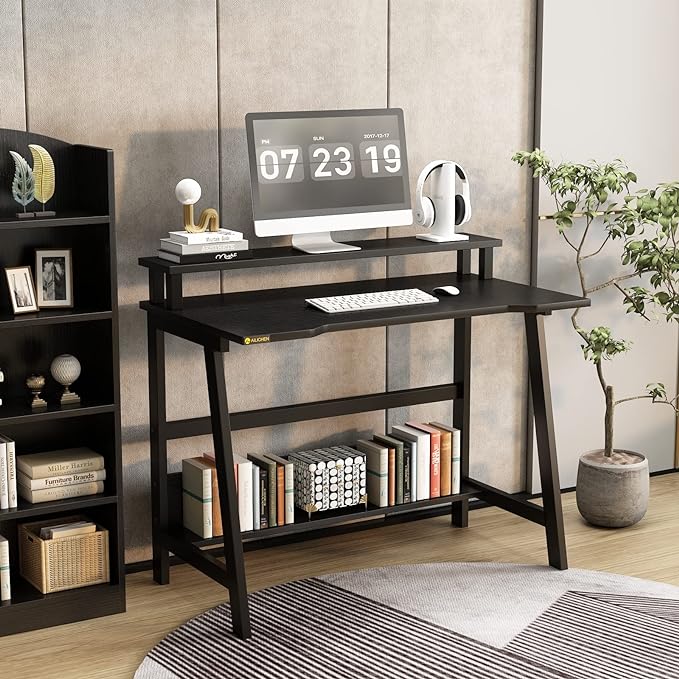 Computer Home Office Desk, 31.5" Desk for Small Spaces with Storage Shelf,Small Computer Desk with Monitor and Bookshelf, Modern Simple Style Laptop Desk - LeafyLoom