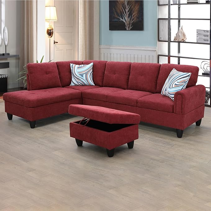 ROOMTEC L Shape Sectional Sofa Set, 5 Seat Upholstered Corner Couch with Storage Ottoman & Left Chaise Lounge, Luxurious Linen Tufted Cushions, for Living Room, Apartment, Black - LeafyLoom