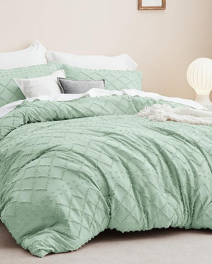 Bedsure Twin/Twin XL Comforter Set - Green Boho Twin Extra Long Comforter Set for College, Shabby Chic Dorm Bedding Set, 2 Pieces Modern Farmhouse Bed Set, includes 1 Pillow Sham - LeafyLoom