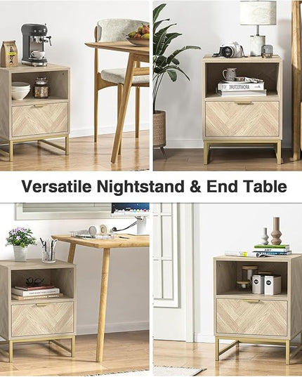 Anmytek Night Stand, Small Side Table, Sturdy Wood Nightstand with Storage Drawer and Shelf, Modern End Table Bedside Table with Polished Gold Handles for Bedroom, Dorm, Small Spaces H0054 - LeafyLoom