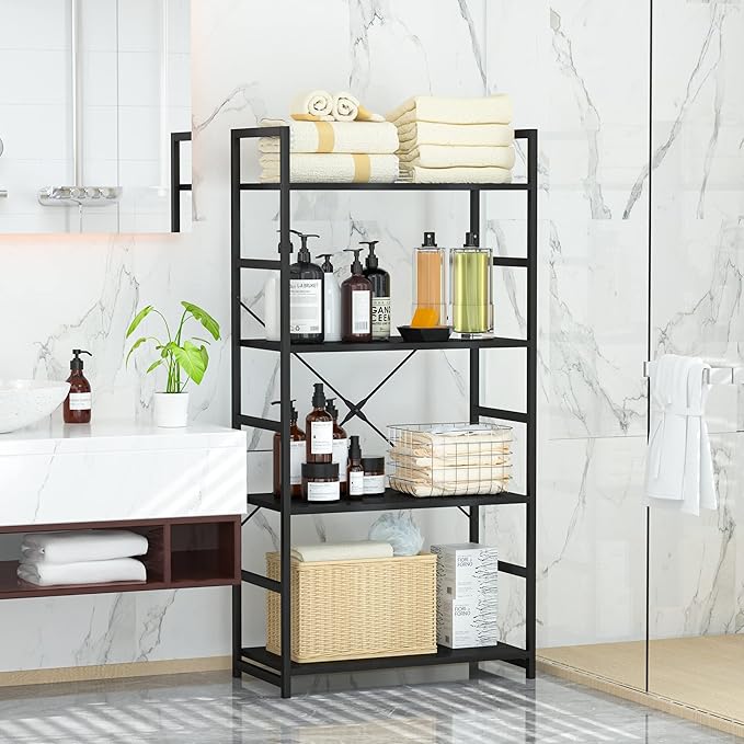 OTK 4 Tier Bookshelf, Tall Bookcase, Office Shelf Storage Organizer, Modern Book Shelf for Living Room, Bedroom, and Home Office, Black - LeafyLoom