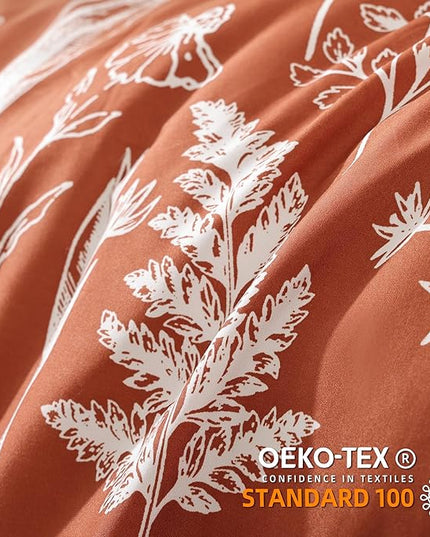 JANZAA 3PCS King Comforter Terracotta Comforter Set Floral Comforter Set White Flower Printed Bedding Set with 2 Pillow Cases for All Season Using - LeafyLoom