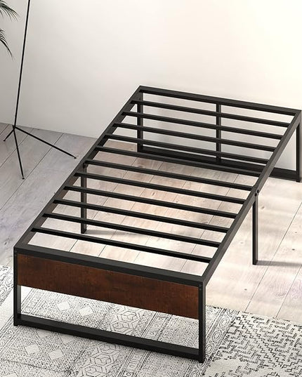 SHA CERLIN 14'' Twin Size Metal Platform Bed Frame with Rustic Wood & Reverse Holes/Ample Under-Bed Storage Space/Mattress Foundation/No Box Spring Needed/Easy Assembly - LeafyLoom