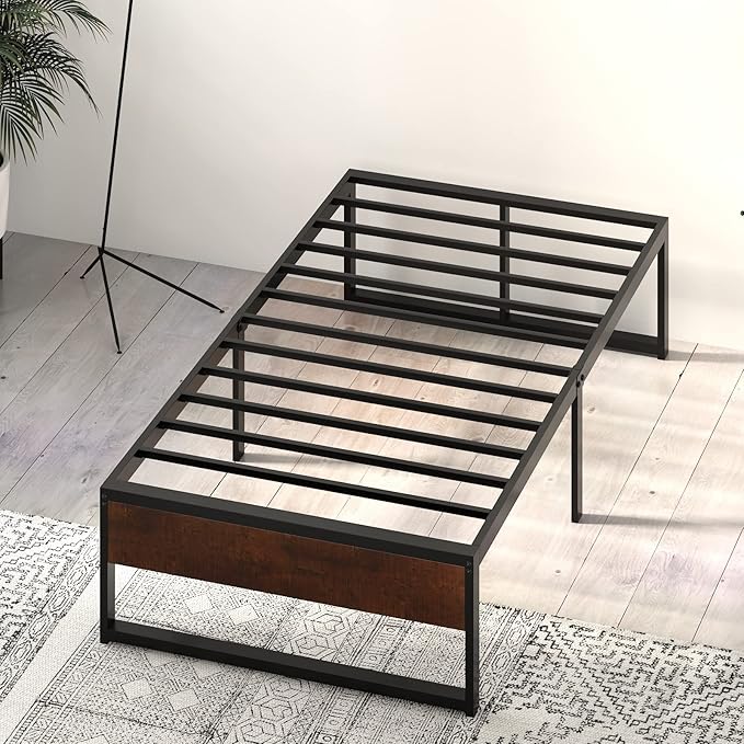 SHA CERLIN 14'' Twin Size Metal Platform Bed Frame with Rustic Wood & Reverse Holes/Ample Under-Bed Storage Space/Mattress Foundation/No Box Spring Needed/Easy Assembly - LeafyLoom