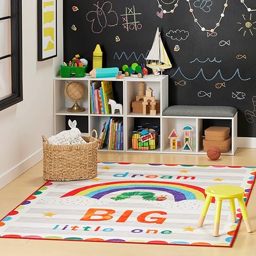 Eric Carle "The Very Hungry Caterpillar Elementary Dream Big Little One Kids Machine Washable Area Rug, White/Grey, 4'11"x6'6" - LeafyLoom