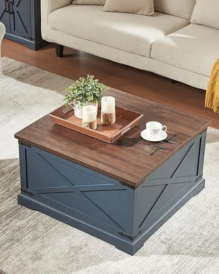 Farmhouse Square Coffee Table with Storage, Wood Center Table with Hinged Lift Top, Rustic Cocktail Table with Large Hidden Storage Compartment for Living Room, Bedroom,Blue - LeafyLoom