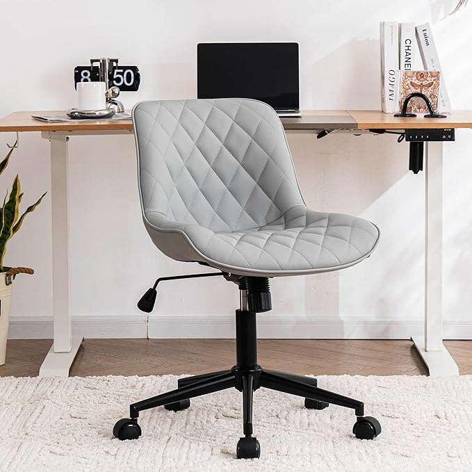 YOUNUOKE Comfortable Desk Chair, Home Office Chairs with Wheels, Armless Samll Comfy Vanity Chairs, PU Leather Computer Task Work Desk Chairs, Gery - LeafyLoom