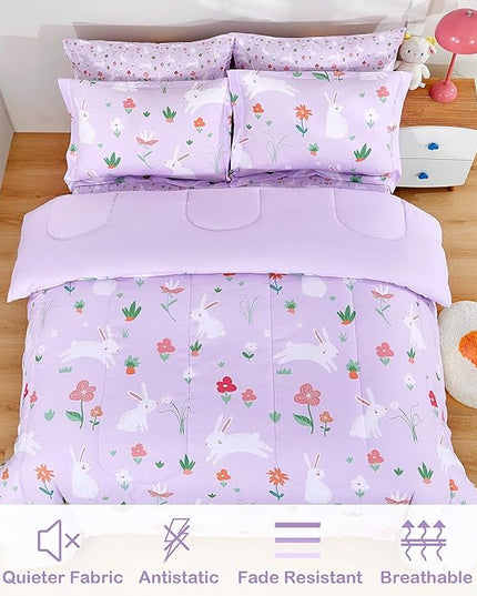 Mooreeke Bed in a Bag for Kids Girls Teens, 7 Pieces Full Size Comforter Bed Set with Shams, Sheet Set, Rabbit Purple Super Soft Microfiber Kids Comforter Bedding Set - LeafyLoom