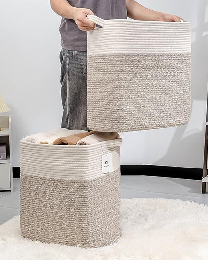 Extra Large Tall Basket Folding Bamboo Rectangle Handle Bins With Handle, Bathroom Dirty Clothes Basket, Bedroom, Toy, Pillows, Closet Organizer White Brown Collapsible Laundry Baskets - LeafyLoom