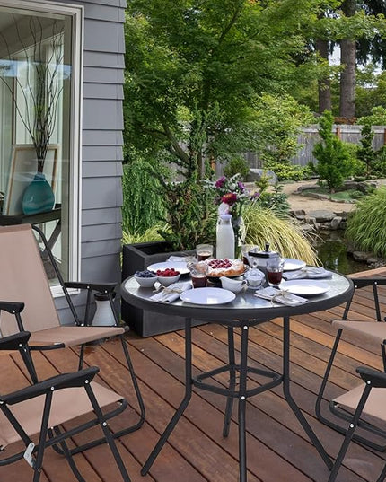 Nice C Outdoor Dining Sets, Patio Furniture Set, 8 Piece Set with Umbrella, Garden Outdoor Furniture Table Set with Tilted Removable Umbrella, Glass Table, and 6 Folding Chairs (Beige-6 Piece) - LeafyLoom