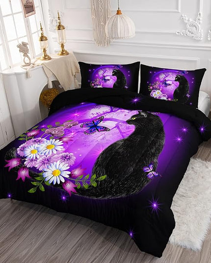 Black Cat Bedding Cartoon Cat Comforter Set Queen,Daisy Butterflies Printed Kids Bedding Set for Kids Boys Girls Adults Room Decor,Kids Comforter Set All Season,1 Quilt 2 Pillow Cases,Purple - LeafyLoom