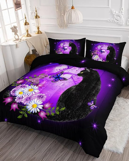 Black Cat Bedding Cartoon Cat Comforter Set Full,Daisy Butterflies Printed Kids Bedding Set for Kids Boys Girls Adults Room Decor,Kids Comforter Set All Season,1 Quilt 2 Pillow Cases,Purple - LeafyLoom
