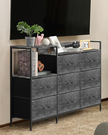 MOOACE TV Stand with Charging Station, 52'' Long TV Stand with 8 Storage Drawers and Open Shelves, Chests, Dresser for Bedroom, Living Room, Dark Gray - LeafyLoom