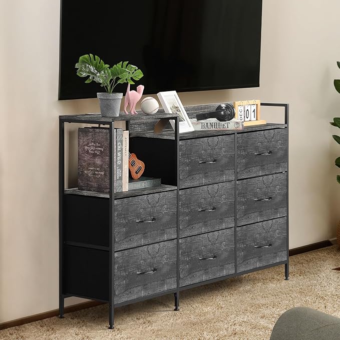 MOOACE TV Stand with Charging Station, 52'' Long TV Stand with 8 Storage Drawers and Open Shelves, Chests, Dresser for Bedroom, Living Room, Dark Gray - LeafyLoom