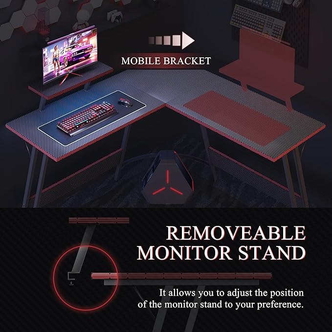 L Shaped Gaming Desk, 51 Inch Computer Corner Table with Large Monitor Stand & Carbon Fiber Surface for Home Office Study Writing Workstation, Black - LeafyLoom
