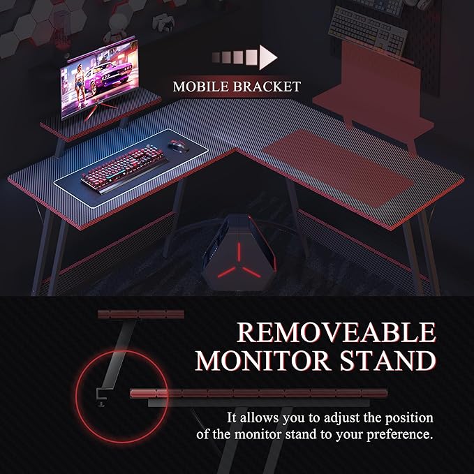 L Shaped Gaming Desk, 51 Inch Computer Corner Table with Large Monitor Stand & Carbon Fiber Surface for Home Office Study Writing Workstation, Black - LeafyLoom