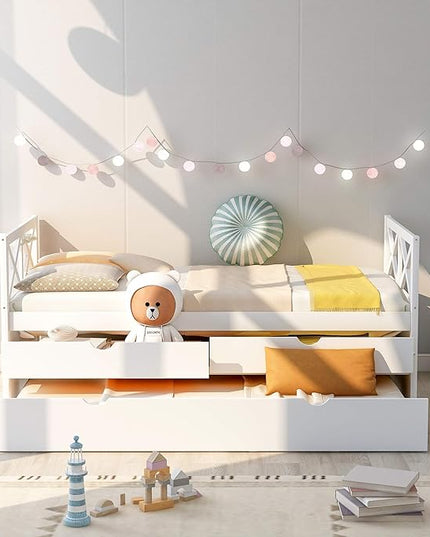 Twin Daybed with Storage Drawers and Trundle Bed, Wood Twin Size Captain’s Bed Frame for Bedroom Living Room Guest Room, White - LeafyLoom
