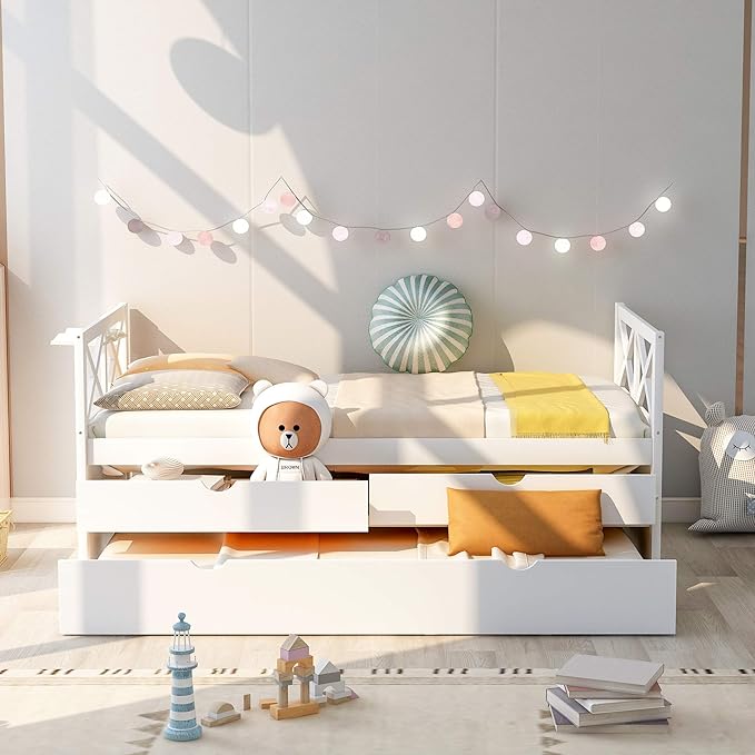Twin Daybed with Storage Drawers and Trundle Bed, Wood Twin Size Captain’s Bed Frame for Bedroom Living Room Guest Room, White - LeafyLoom