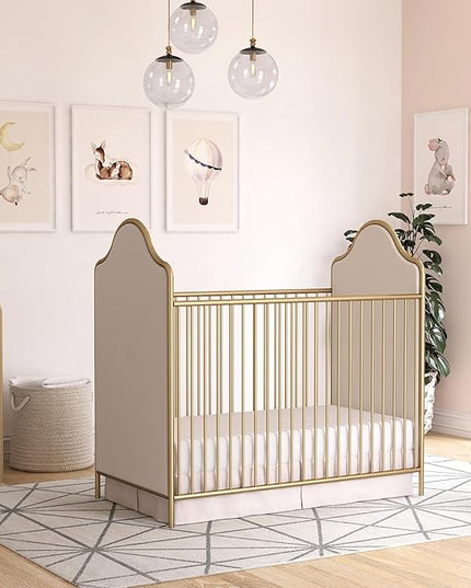 Little Seeds Piper Upholstered Metal Crib, Gold - LeafyLoom