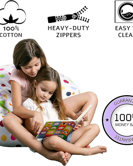 2 Sizes in 1 Stuffed Animal Storage Bean Bag Chair Cover for Kids & Adults | Washable XL Stuffie Seat | 100% Cotton | Pouf Organizer for Plush Toys, Linens, Quilts & Pillows | Polka Dots - LeafyLoom
