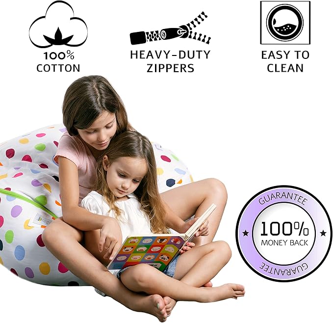 2 Sizes in 1 Stuffed Animal Storage Bean Bag Chair Cover for Kids & Adults | Washable XL Stuffie Seat | 100% Cotton | Pouf Organizer for Plush Toys, Linens, Quilts & Pillows | Polka Dots - LeafyLoom
