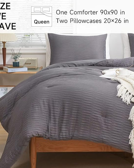 Dark Gray Seersucker Comforter Set Queen Size (90x90 in), 3 Pieces Soft Crinkled Textured Comforter with 2 Pillowcases, Lightweight Microfiber Down Alternative Bedding Set for All Season - LeafyLoom