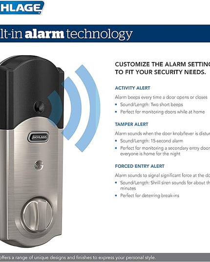 SCHLAGE BE469ZP CAM 625 Connect Smart Deadbolt With Alarm Inbuilt Camelot Trim In Bright Chrome SchlageLockCompany
