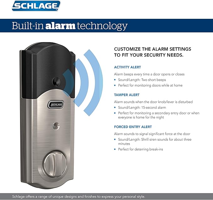SCHLAGE BE469ZP CAM 625 Connect Smart Deadbolt With Alarm Inbuilt Camelot Trim In Bright Chrome SchlageLockCompany