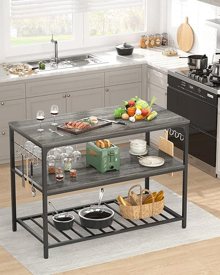 Homieasy Kitchen Island with Wine Glass Holder, Industrial Wood and Metal Coffee Bar Wine Rack Table, 3 Tier Spacious Prep Table Extended Counter with Hooks Easy to Assemble, Black Oak - LeafyLoom