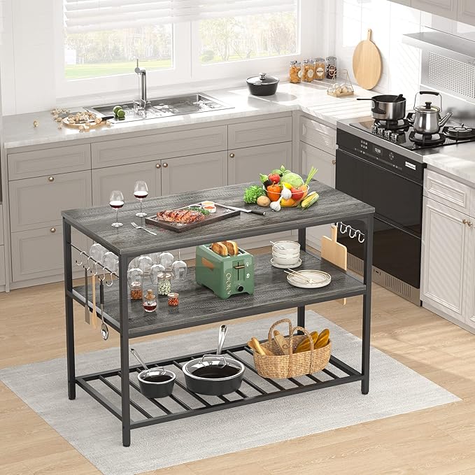 Homieasy Kitchen Island with Wine Glass Holder, Industrial Wood and Metal Coffee Bar Wine Rack Table, 3 Tier Spacious Prep Table Extended Counter with Hooks Easy to Assemble, Black Oak - LeafyLoom
