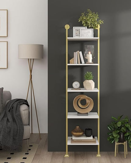 Axeman 5-Tier Ladder Bookcase, Tall Narrow Bookshelf for Small Spaces, Modern Book Storage Organizer Case Open Shelves for Living Room, Bedroom，Office, Library, Gold and White - LeafyLoom