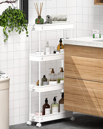 SPACEKEEPER Slim Rolling Storage Cart 4 Tier Bathroom Organizer Mobile Shelving Unit Utility Cart Tower Rack for Kitchen Laundry Narrow Places, White - LeafyLoom