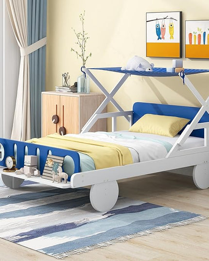 Twin Size Car Bed with Ceiling Cloth,Wooden Car-Shaped Bedframe W/Headboard & Footboard,No Box Spring Required,Fun Play for Boys Kids Toddlers Child's Bedroom,White - LeafyLoom